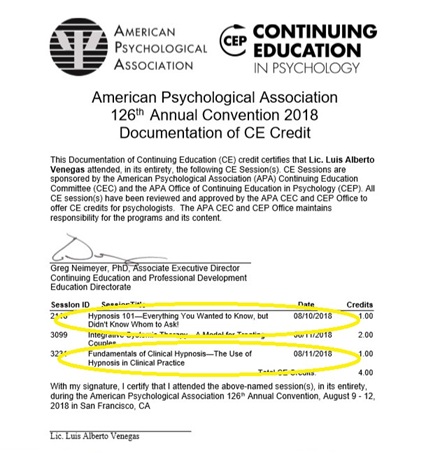 Certificado de formación profesional en Hipnosis de Luis Venegas Chalen